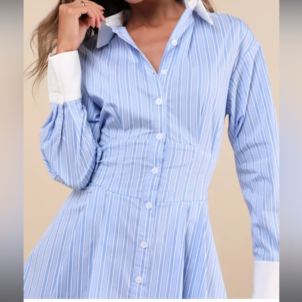 Striped Shirt Dress with Contrast Cuffs - Light Blue - Picture 4 of 7